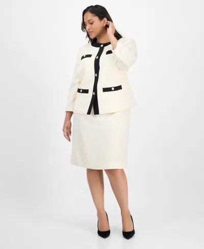 Le Suit Plus Size Tipped 3/4-sleeve Jacket And Skirt Suit In Neutral