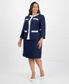 Le Suit Plus Size Tipped 3/4-sleeve Jacket And Skirt Suit In Blue
