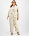 Le Suit Plus Size Two-button Belted Safari Jacket & Mid-rise Straight-leg Pants In Khaki Multi