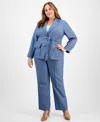Le Suit Plus Size Two-button Belted Safari Jacket & Mid-rise Straight-leg Pants In Lt. Blue Multi