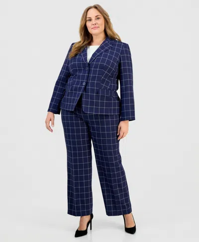 Le Suit Plus Size Windowpane Check Notch Collar Pantsuit In Blue