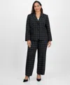 Le Suit Plus Size Windowpane Check Notch Collar Pantsuit In Black