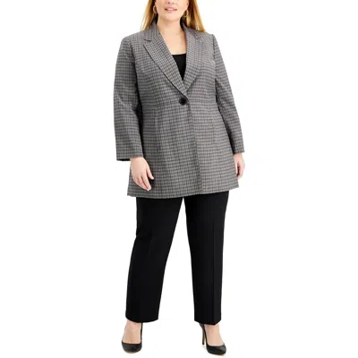 Le Suit Plus Womens Plaid One-button Duster Blazer In Gray