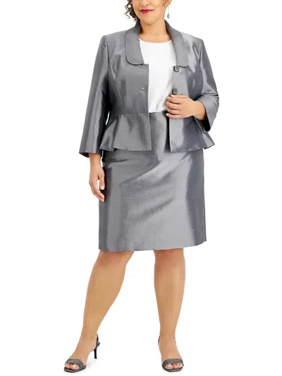 Le Suit Plus Womens Three Button Business Skirt Suit In Silver