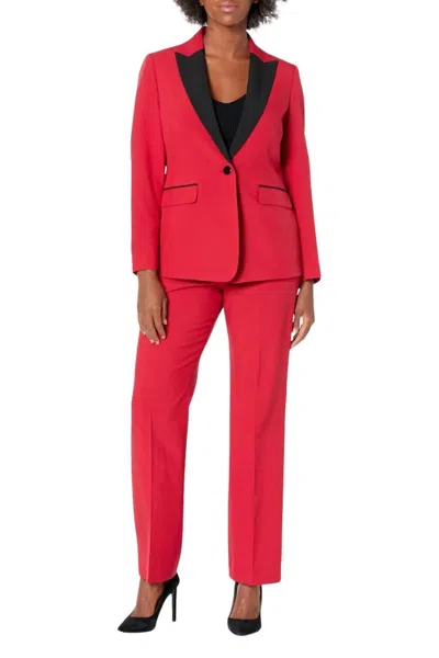 Le Suit Wide Contrast Notch Lapel Collar And Straight-leg Trouser Set In Cherry Black In Multi