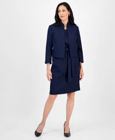 Le Suit Women's 3/4-sleeve Jacket And Belted Sheath Dress Suit, Regular & Petite In Blue