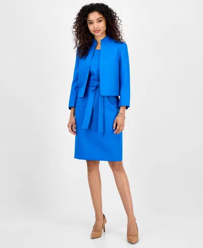 Le Suit Women's 3/4-sleeve Jacket And Belted Sheath Dress Suit, Regular & Petite In Blue