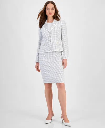 Le Suit Women's Check Print Contrast Trim Skirt Suit, Regular And Petite Sizes In Natural White,black