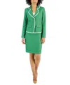 Le Suit Women's Check Print Contrast Trim Skirt Suit, Regular And Petite Sizes In Verde,natural White
