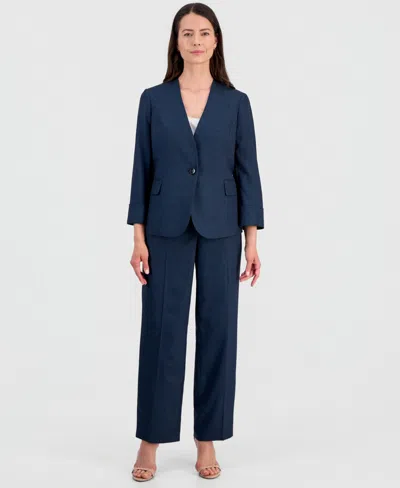 Le Suit Women's Collarless One-button Jacket & Fly-front Wide-leg Pants Suit In Blue