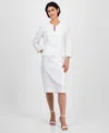 Le Suit Women's Collarless Three-button 3/4-sleeve Jacket & Slim Skimmer Skirt In Natural White