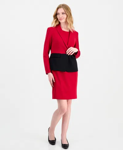 Le Suit Women's Colorblock One-button Peplum Jacket And Dress, 2-piece Set In Red