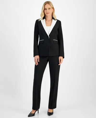 Le Suit Women's Petite Contrast-lapel Pantsuit In Black,vanilla Ice