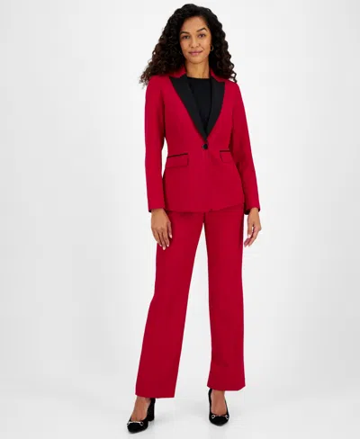 Le Suit Women's Petite Contrast-lapel Pantsuit In Cherry,black