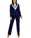 Le Suit Women's Contrast-trim Peak-lapel Pantsuit, Regular And Petite In Indigo,vanilla Ice