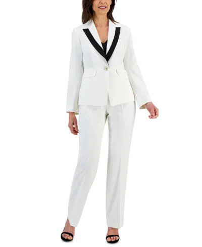 Le Suit Women's Contrast-trim Peak-lapel Pantsuit, Regular And Petite In Vanilla Ice,black