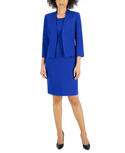 Le Suit Women's Crepe Open Front Jacket & Crewneck Sheath Dress Suit, Regular & Petite In Celeste Blue