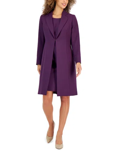 Le Suit Women's Crepe Topper Jacket & Sheath Dress Suit, Regular And Petite Sizes In Plum