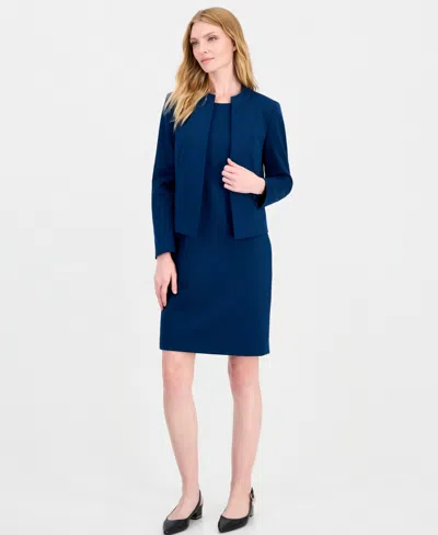 Le Suit Women's Empire Waist Seam Crewneck Jacket And Dress, 2-piece Suit In Blue