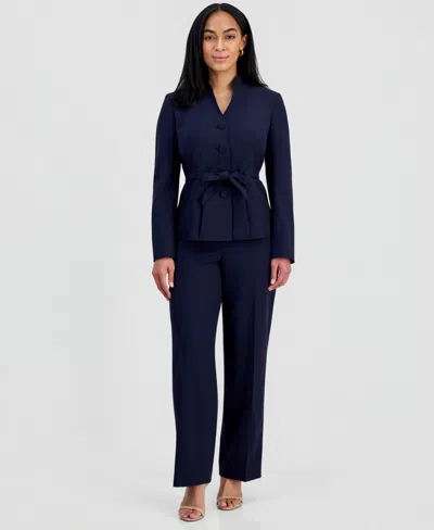 Le Suit Women's Four-button Belted Jacket & Fly-front Wide-leg Pants Suit In Blue