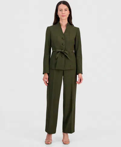 Le Suit Women's Four-button Belted Jacket & Fly-front Wide-leg Pants Suit In Green
