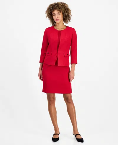 Le Suit Women's Jacquard Sheath Cardigan And Dress, 2-piece Suit In Red