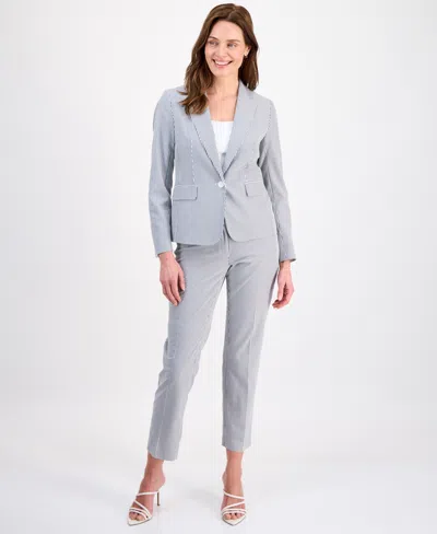 Le Suit Women's Long-sleeve Seersucker Pantsuit In Gray