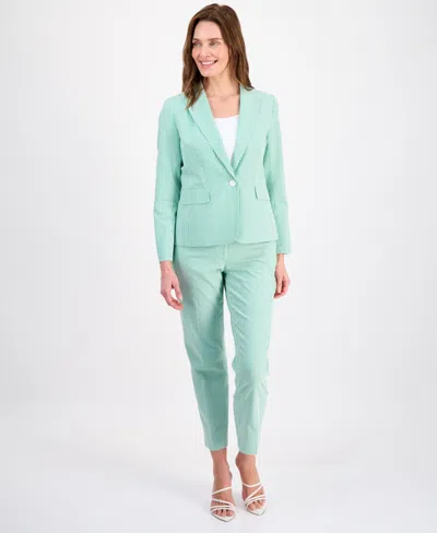 Le Suit Women's Long-sleeve Seersucker Pantsuit In Green