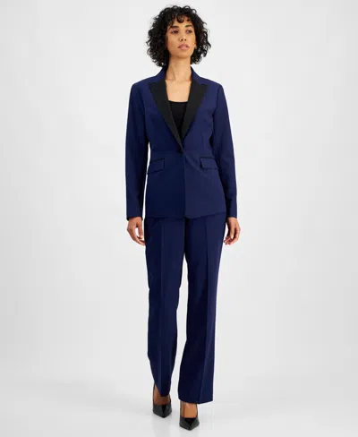 Le Suit Women's Petite Contrast-lapel Pantsuit In Bright Navy