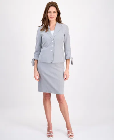 Le Suit Women's Seersucker Tie-sleeve Skirt Suit In Gray