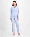 Le Suit Women's Seersucker Two-button Notch-collar & Mid-rise Slim Pants In White,pale Blue