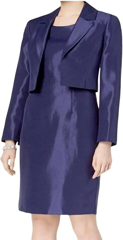 Le Suit Women's Shiny Kiss Front Jacket With Notch Collar And Sheath Dress In Navy In Blue