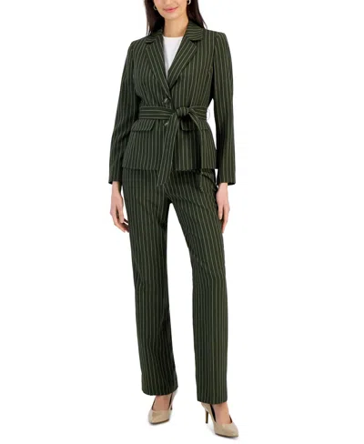 Le Suit Women's Striped Belted Pantsuit, Regular & Petite Sizes In Basil,white