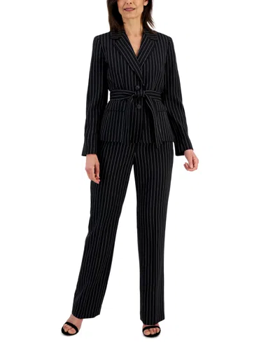 Le Suit Women's Striped Belted Pantsuit, Regular & Petite Sizes In Black,white