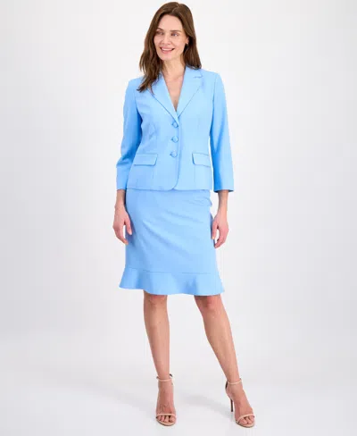 Le Suit Women's Three-button Seamed Flounce-hem Skirt Suit In Blue