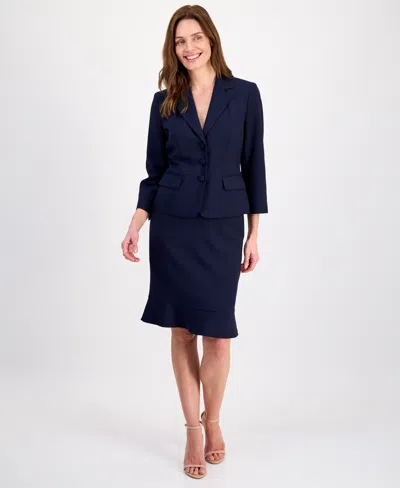 Le Suit Women's Three-button Seamed Flounce-hem Skirt Suit In Blue