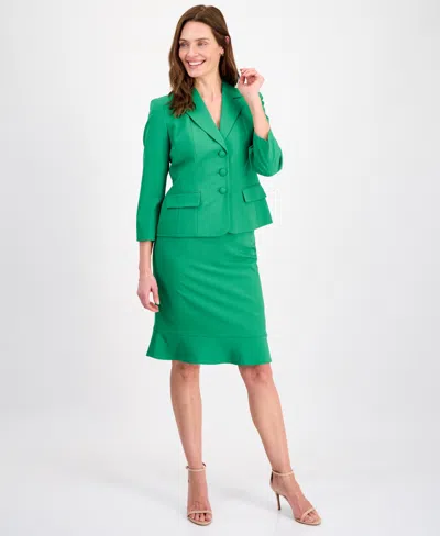 Le Suit Women's Three-button Seamed Flounce-hem Skirt Suit In Green