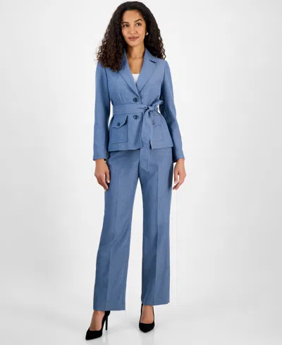Le Suit Women's Two-button Belted Safari Jacket & Mid-rise Straight-leg Pants In Lt. Blue Multi