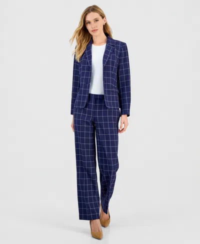 Le Suit Women's Windowpane Check Notch Collar Pantsuit Set, Regular & Petite In Blue