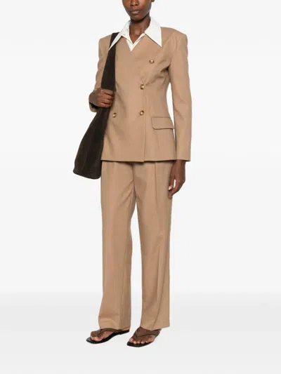 Le Sully Studio Double-breasted Padded-shoulder Blazer In Brown
