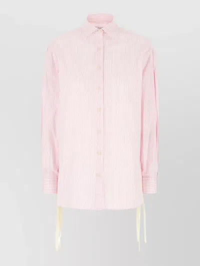 Le Sully Studio Long Sleeve Striped Shirt Button Cuffs Ribbon In Pink