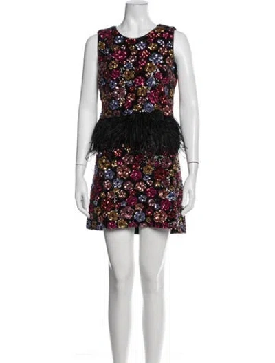 Pre-owned Le Superbe Floral Print Feather Trim Skirt Set In Multi