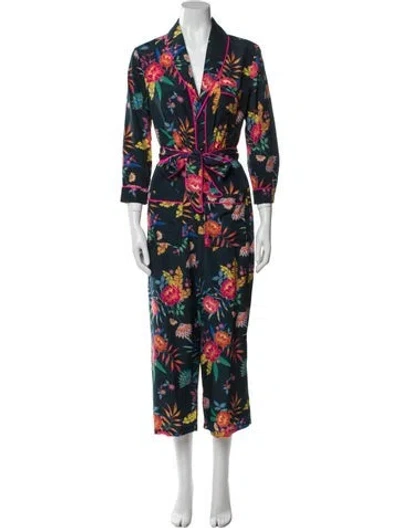 Pre-owned Le Superbe Floral Print V-neck Jumpsuit In Blue