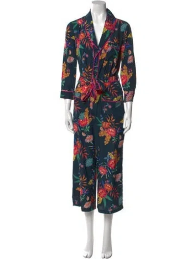 Pre-owned Le Superbe Floral Print V-neck Jumpsuit In Blue