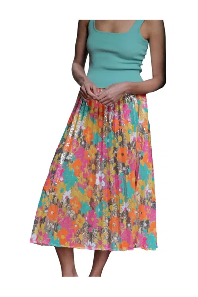 Le Superbe Neon Tuileries Pleated Midi Skirt In Floral In Multi