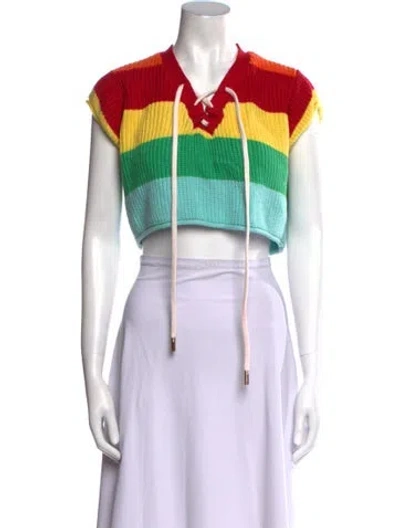 Pre-owned Le Superbe Striped V-neck Sweater In Green