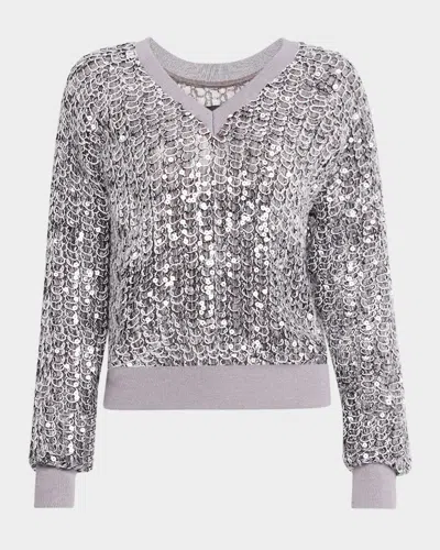 Le Superbe Touch Of Gray Sequined V-neck Sweater In Grey