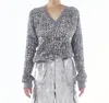 Le Superbe Touch Of Gray Sequined V-neck Sweater In Grey