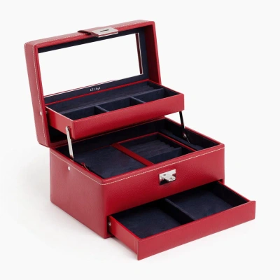 Le Tanneur Medium Automatic Opening Leather Jewellery Box In Red