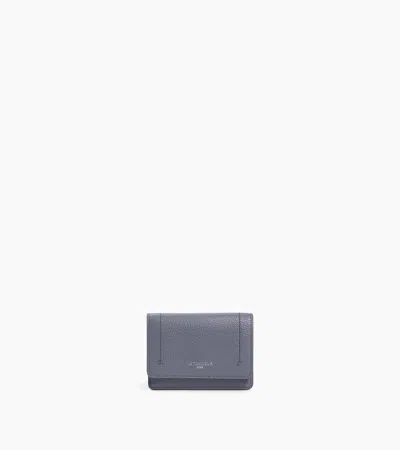 Le Tanneur Louison Small Card Holder With Flap In Grained Leather In Steel Blue